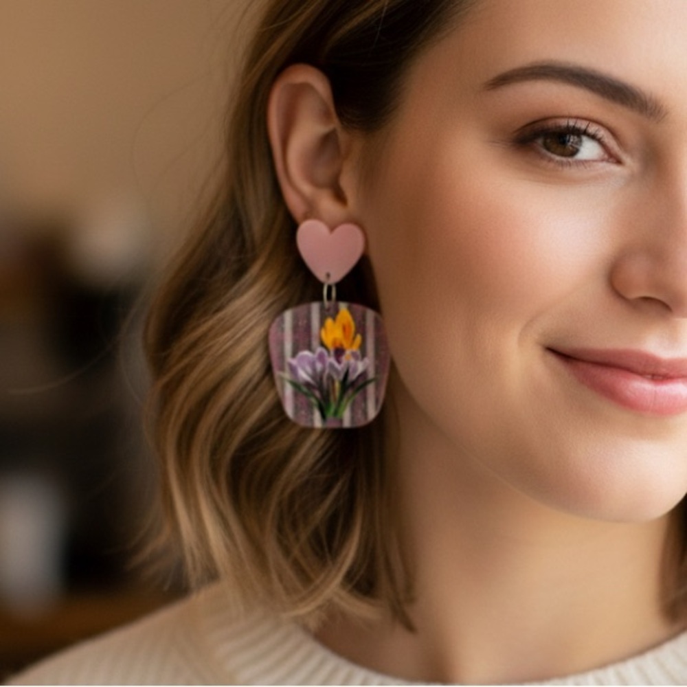 Floral Acrylic Heart Drop Earrings Pink Resin